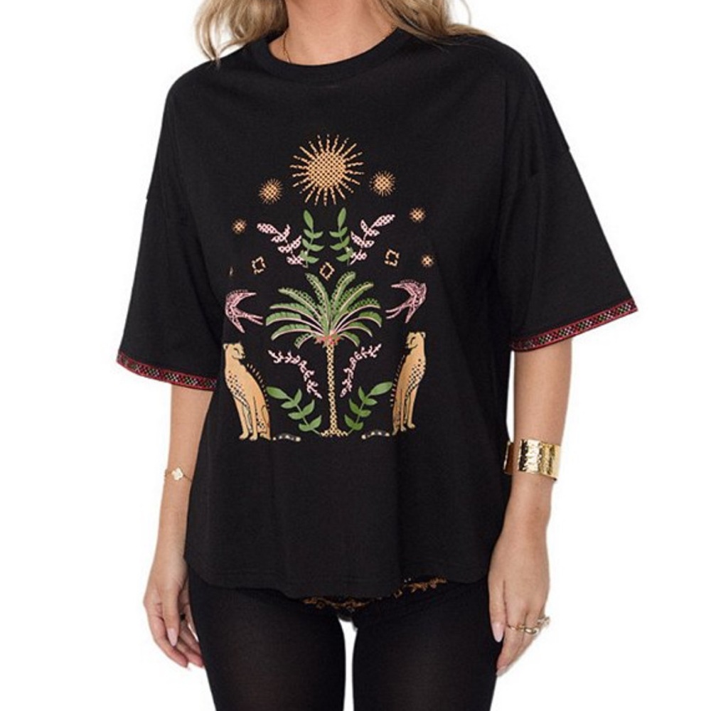 Never Fully Dressed Black Graphic Tee with Gold and Green Accents